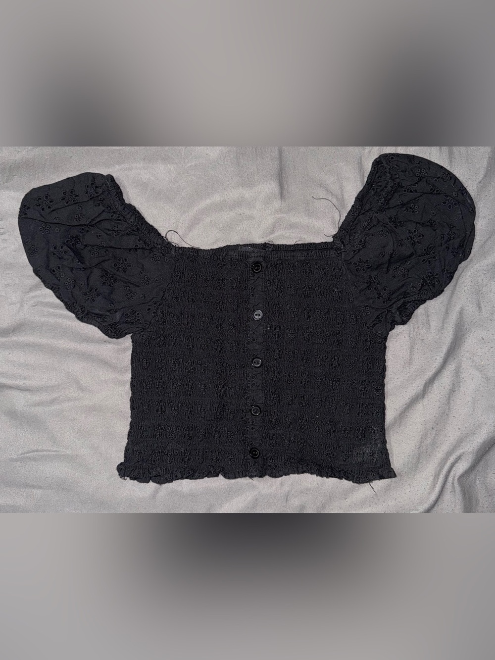 Ambiance Black Smocked Eyelet Puff Sleeve Crop Top Size Small